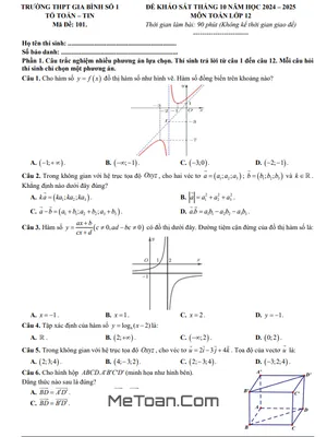 Đề khảo sát tháng 10 Toán 12 năm 2024 - 2025 trường THPT Gia Bình 1 - Bắc Ninh