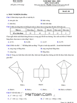 Đề thi học kì 1 Toán 8 năm 2024 - 2025 sở GD&ĐT Bắc Giang