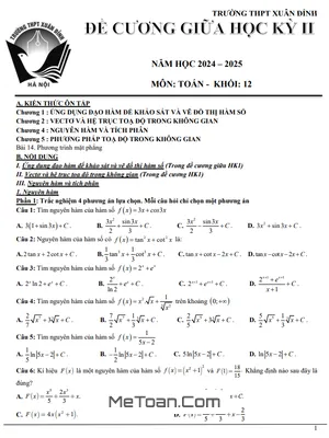 Đề Cương Ôn Tập Giữa Học Kỳ 2 Toán 12 Năm 2024 - 2025 Trường THPT Xuân Đỉnh - Hà Nội