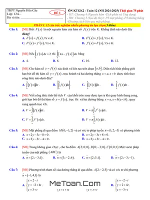 Đề Ôn Thi Giữa Kỳ 2 Toán 12 Năm 2024 - 2025 Trường THPT Nguyễn Hữu Cầu - TP HCM