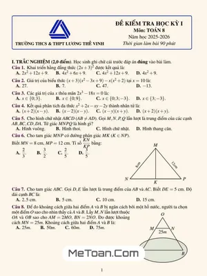 Đề học kỳ 1 Toán 8 năm 2025 – 2026 trường Lương Thế Vinh – Hà Nội