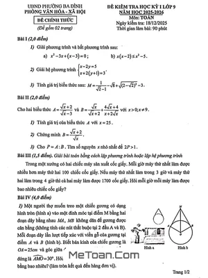 Đề Học Kỳ 1 Toán 9 Năm 2025 – 2026 Phường Ba Đình – Hà Nội