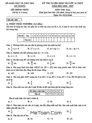 Đề tuyển sinh lớp 10 môn Toán năm 2026 – 2027 sở GD&ĐT An Giang