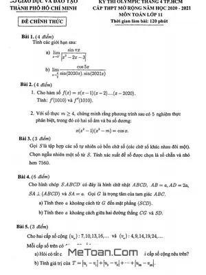 Đề Olympic Tháng 4 Toán 11 Năm 2020 - 2021 Sở GD&ĐT TP. Hồ Chí Minh