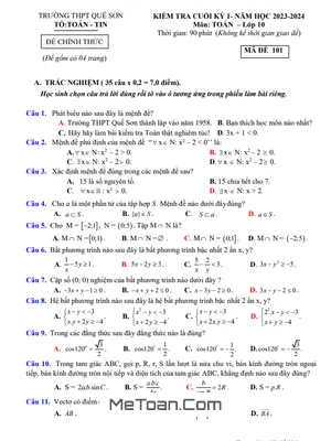 Đề Thi Cuối Kỳ 1 Toán 10 Năm 2023 - 2024 Trường THPT Quế Sơn - Quảng Nam
