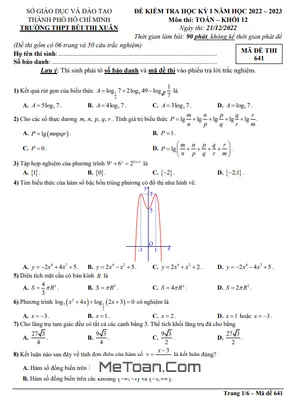 Đề thi học kỳ 1 Toán 12 năm 2022 - 2023 trường THPT Bùi Thị Xuân - TP HCM