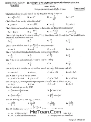 Đề thi học kỳ 1 Toán 12 năm học 2018 – 2019 sở GD&ĐT Thái Bình