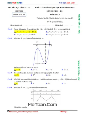 Đề KSCL Toán 12 năm 2020 - 2021 sở GD&ĐT Phú Thọ (có đáp án)