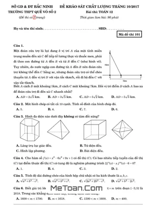 Đề khảo sát chất lượng tháng 10/2017 môn Toán lớp 12 trường THPT Quế Võ 2 - Bắc Ninh