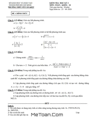 Đề thi học kì 2 Toán 10 năm 2019 - 2020 trường THPT Võ Văn Kiệt - TP HCM