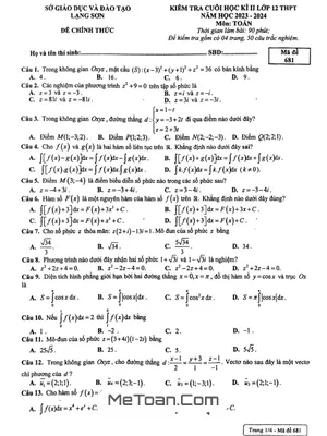 Đề thi Toán 12 cuối kì 2 năm 2023 - 2024 sở GD&ĐT Lạng Sơn (có đáp án)