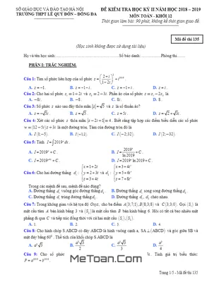 Đề thi HK2 Toán 12 năm 2018 - 2019 trường THPT Lê Quý Đôn - Hà Nội