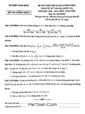 Đề chọn đội tuyển thi HSG Toán Quốc gia năm 2020 – 2021 sở GD&ĐT Ninh Bình