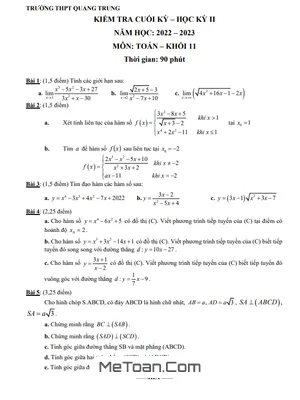 Đề Thi Cuối Kỳ 2 Toán 11 Năm 2022 - 2023 Trường THPT Quang Trung - TP.HCM