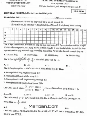Đề thi HK2 Toán 11 năm 2016 - 2017 trường THPT Kim Liên - Hà Nội (có đáp án)