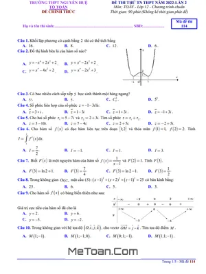 Đề thi thử Toán TN THPT 2022 lần 2 trường THPT Nguyễn Huệ – TT Huế