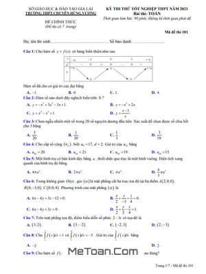 Đề thi thử Toán tốt nghiệp THPT 2021 trường chuyên Hùng Vương – Gia Lai (Mã đề 101)