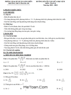 Hướng Dẫn Ôn Tập Giữa Kì 2 Toán 8 Năm 2021 - 2022 Trường THCS Thanh Am - Hà Nội