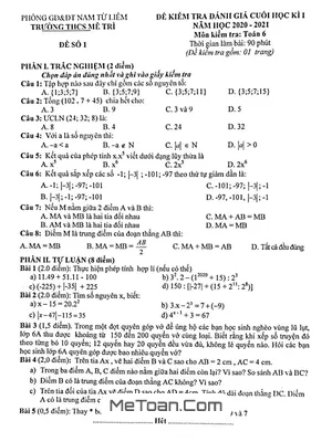 Đề thi học kì 1 Toán lớp 6 năm 2020 - 2021 trường THCS Mễ Trì - Hà Nội