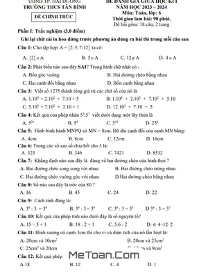 Đề thi giữa kì 1 Toán 6 năm 2023 - 2024 trường THCS Tân Bình - Hải Dương