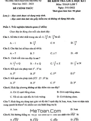 Đề giữa kì 1 Toán 7 năm 2022 - 2023 trường THCS Nguyễn Trường Tộ - Hà Nội
