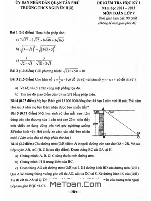 Đề thi học kỳ 1 Toán lớp 9 năm 2021 - 2022 trường THCS Nguyễn Huệ - TP.HCM