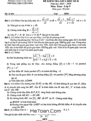 Đề thi giữa kì 2 Toán 9 năm 2023 - 2024 trường THCS Yên Hòa - Hà Nội