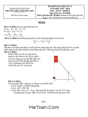 Đề thi học kì 2 Toán 8 năm 2019 - 2020 trường THCS Trường Sơn - TP.HCM (có đáp án)