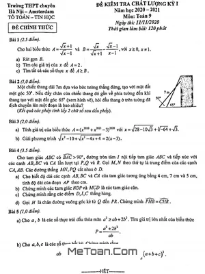 Đề kiểm tra chất lượng HK1 Toán 9 năm 2020 - 2021 trường chuyên Hà Nội - Amsterdam