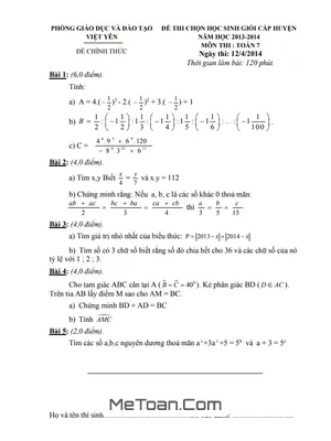 Đề thi HSG Toán 7 huyện Việt Yên - Bắc Giang năm 2013-2014 có đáp án