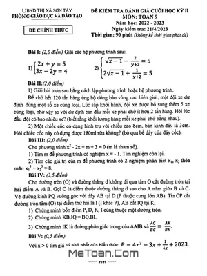 Đề thi học kì 2 Toán 9 năm 2022 - 2023 phòng GD&ĐT Sơn Tây - Hà Nội
