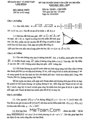 Đề thi tuyển sinh lớp 10 chuyên Toán (chuyên) năm 2024 - 2025 Sở GD&ĐT Lâm Đồng