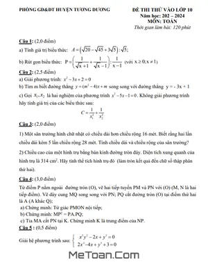 Đề thi thử Toán vào lớp 10 năm 2023 - 2024 phòng GD&ĐT Tương Dương - Nghệ An