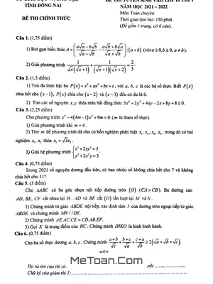 Đề thi Tuyển sinh Lớp 10 Môn Toán Chuyên Sở GD&ĐT Đồng Nai Năm Học 2021-2022