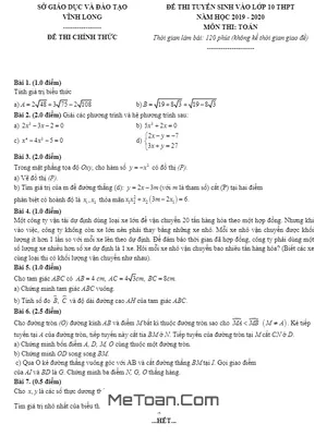 Đề thi Toán vào lớp 10 Vĩnh Long năm 2019 - 2020 có lời giải