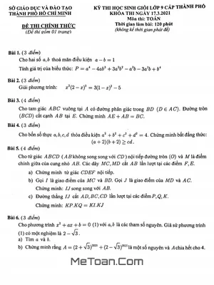 Đề thi học sinh giỏi Toán 9 năm 2020 - 2021 Sở GD&ĐT TP. Hồ Chí Minh