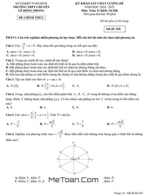 Đề khảo sát hè Toán lớp 11 năm 2024 - 2025 trường chuyên Lê Hồng Phong - Nam Định