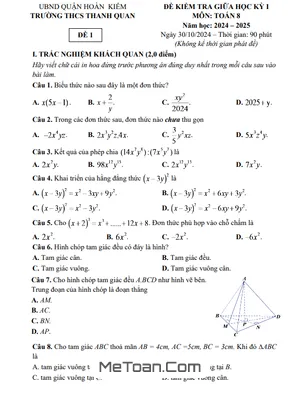 Đề thi giữa kì 1 Toán 8 năm 2024 - 2025 trường THCS Thanh Quan - Hà Nội