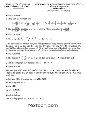 Đề khảo sát HSG vòng 5 Toán 7 năm 2024 - 2025 phòng GD&ĐT Đông Hưng - Thái Bình