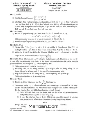 Đề Thi HSG Toán 9 Lần 2 Năm Học 2025-2026 Trường THCS Nam Từ Liêm, Hà Nội