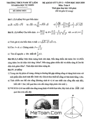 Đề Khảo Sát Toán 9 Lần 2 Năm 2025 - 2026 Trường THCS Nam Từ Liêm - Hà Nội