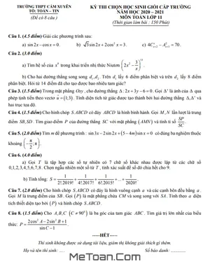 Đề thi HSG cấp trường Toán 11 năm 2020 - 2021 trường THPT Cẩm Xuyên - Hà Tĩnh