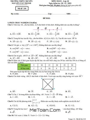Đề Thi Cuối Kì 1 Toán 10 Năm 2023 - 2024 Trường Chuyên Nguyễn Tất Thành - Kon Tum