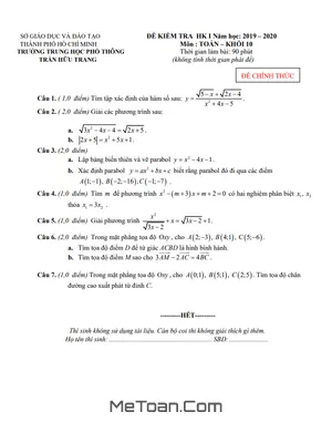 Đề thi HK1 Toán 10 năm 2019 - 2020 trường THPT Trần Hữu Trang - TP.HCM