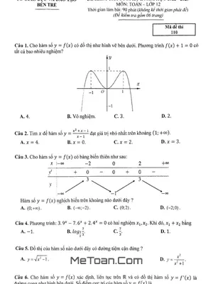Đề kiểm tra cuối kỳ 1 Toán 12 năm 2022 – 2023 sở GD&ĐT Bến Tre