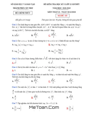 Đề thi HK1 Toán 12 năm 2018 - 2019 Sở GD&ĐT Cần Thơ - Mã đề 102