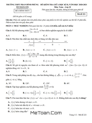 Đề thi giữa kì 2 Toán 10 năm 2020 - 2021 trường Phan Đình Phùng - Hà Nội