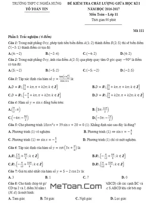 Đề kiểm tra chất lượng giữa HK1 môn Toán 11 trường THPT C Nghĩa Hưng - Nam Định
