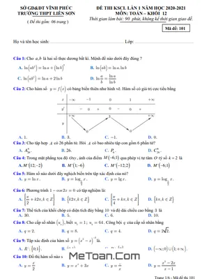 Đề thi KSCL Toán 12 lần 1 năm 2020 – 2021 trường THPT Liễn Sơn – Vĩnh Phúc (có đáp án)