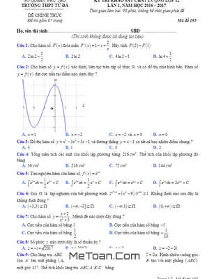 Đề khảo sát chất lượng Toán 12 lần 1 năm 2016 - 2017 trường THPT Tử Đà - Phú Thọ